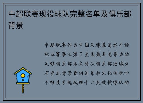 中超联赛现役球队完整名单及俱乐部背景